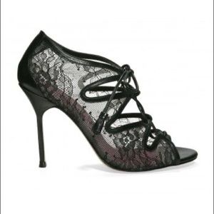 Carolina Herrera Black Lace Tie Leather Heels Shoes